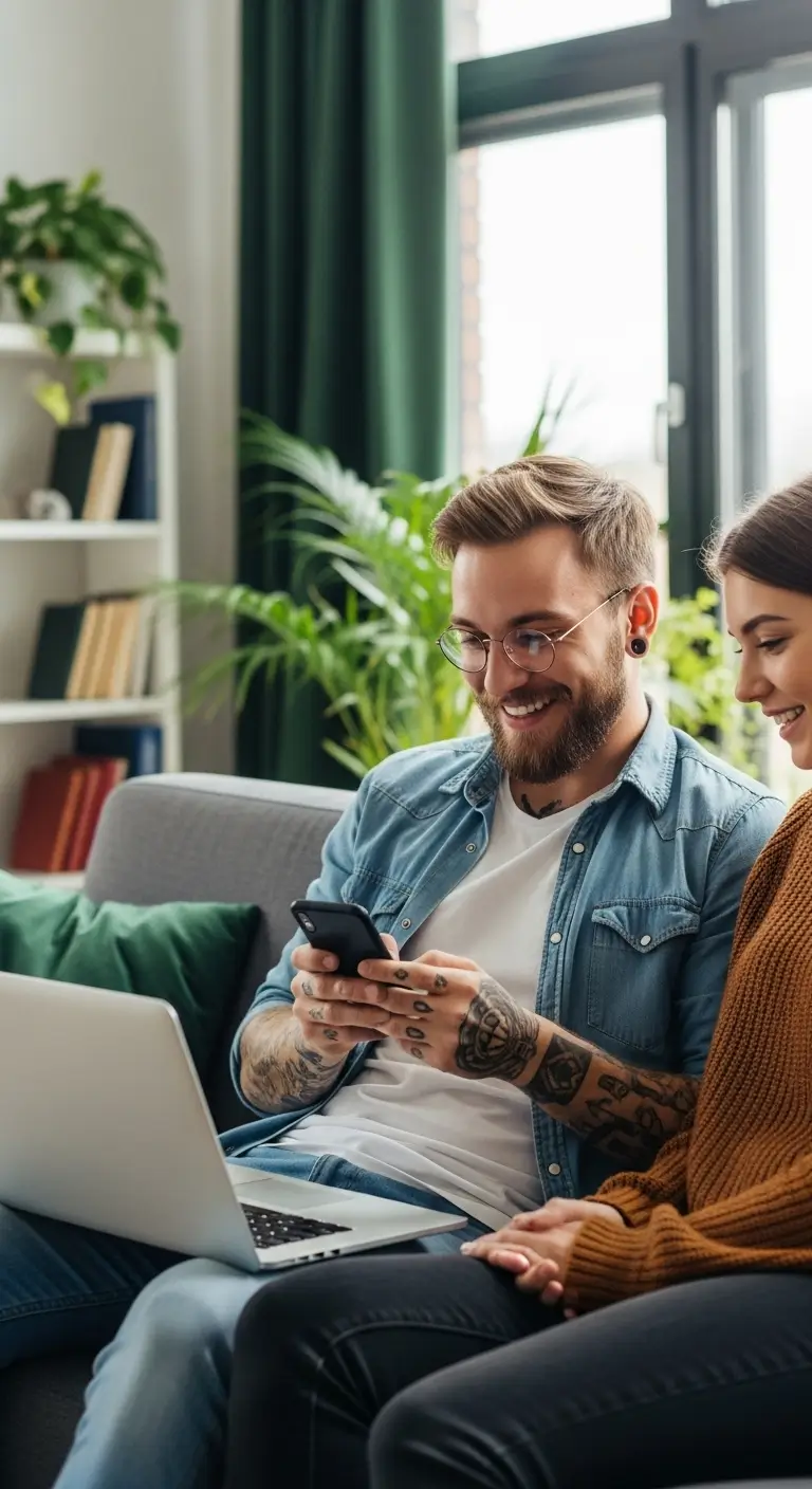 A smiling man and woman sitting together on a couch, looking at a smartphone. The man, wearing glasses and a denim shirt, holds the phone while a laptop rests on his lap. The woman, dressed in a brown sweater, leans in beside him. They are in a cozy living room with plants, bookshelves, and large windows in the background.